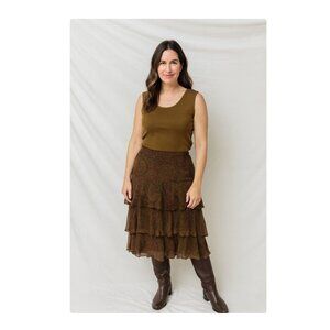 Lauren Ralph Lauren Skirt Womens 2P Petite Brown Silk Paisley Tiered Ruffle
